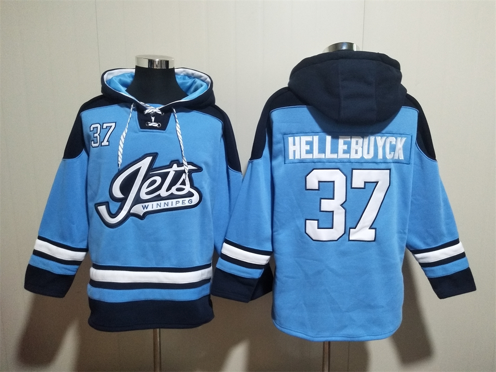 Men's Winnipeg Jets #37 Connor Hellebuyck Blue Lace-Up Pullover Hoodie