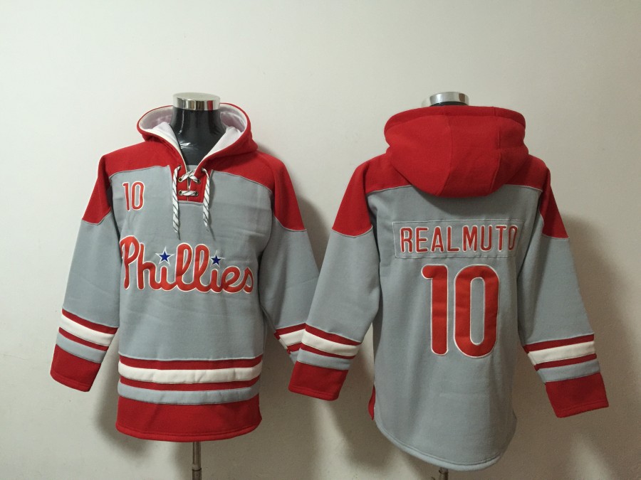 Men's Philadelphia Phillies #10 J.T. Realmuto Grey/Red Ageless Must-Have Lace-Up Pullover Hoodie