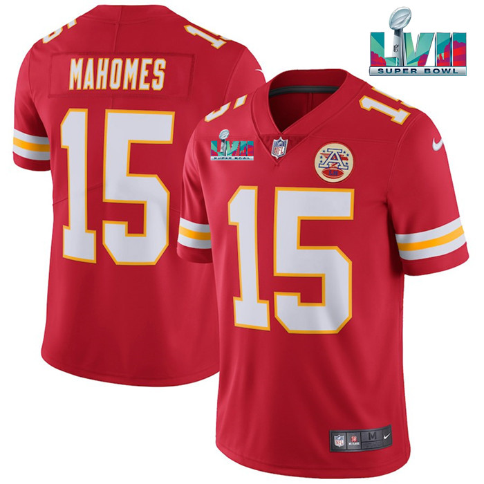 Men’s Kansas City Chiefs #15 Patrick Mahomes Red Super Bowl LVII Patch Vapor Untouchable Limited Stitched Jersey