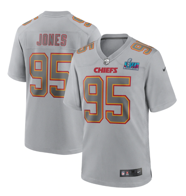 Men's Kansas City Chiefs #95 Chris Jones Grey Super Bowl LVII Patch Atmosphere Fashion Stitched Game Jersey