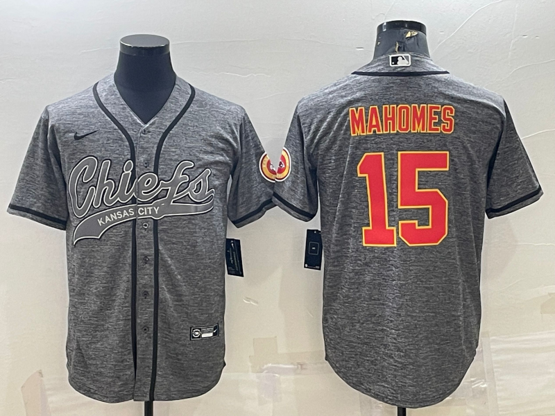 Men's Kansas City Chiefs #15 Patrick Mahomes Grey With Patch Cool Base Stitched Baseball Jersey