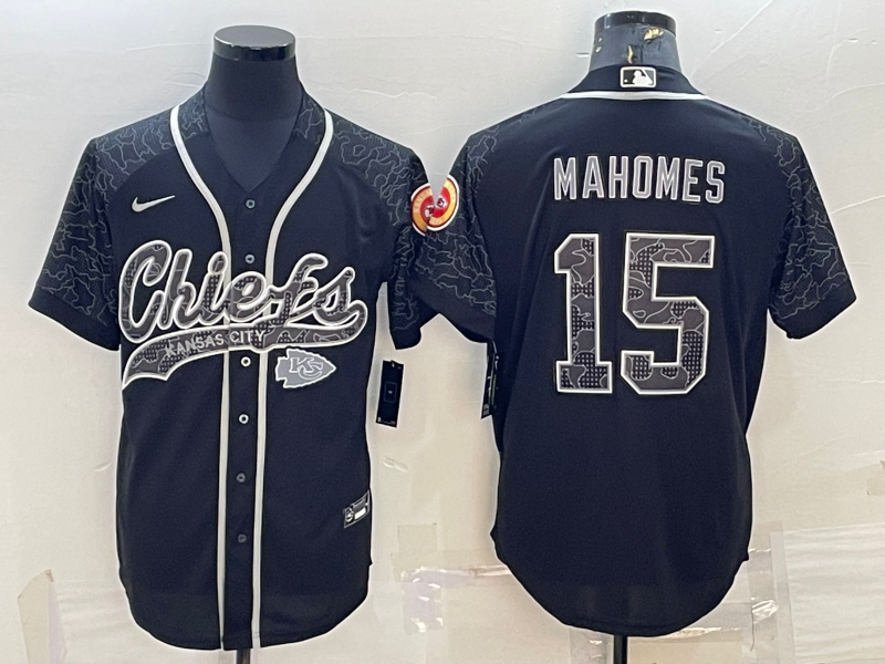 Men's Kansas City Chiefs #15 Patrick Mahomes Black Reflective With Patch Cool Base Stitched Baseball Jersey