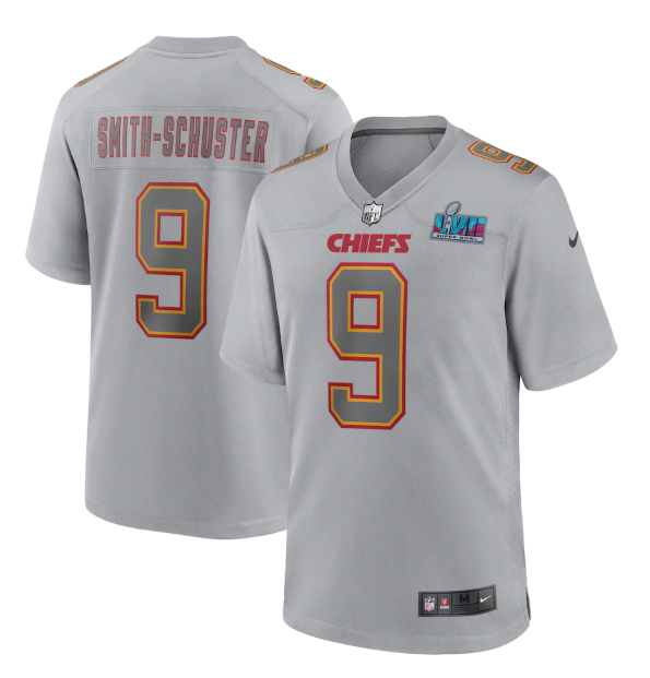 Men's Kansas City Chiefs #9 JuJu Smith-Schuster Grey Super Bowl LVII Patch Atmosphere Fashion Stitched Game Jersey