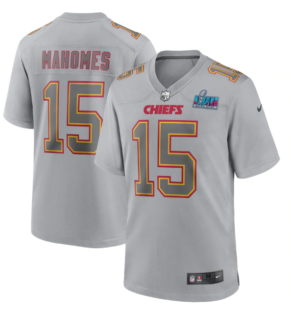 Men's Kansas City Chiefs #15 Patrick Mahomes Grey Super Bowl LVII Patch Atmosphere Fashion Stitched Game Jersey