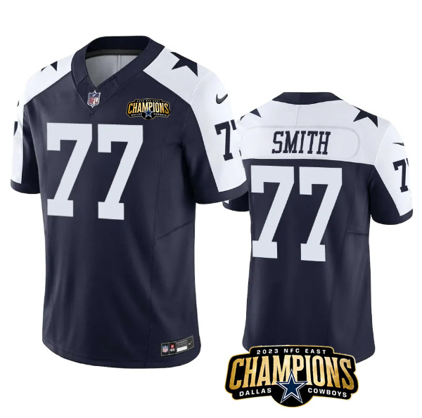 Men's Dallas Cowboys #77 Tyron Smith Navy/White 2023 F.U.S.E. NFC East Champions Patch Stitched Football Jersey