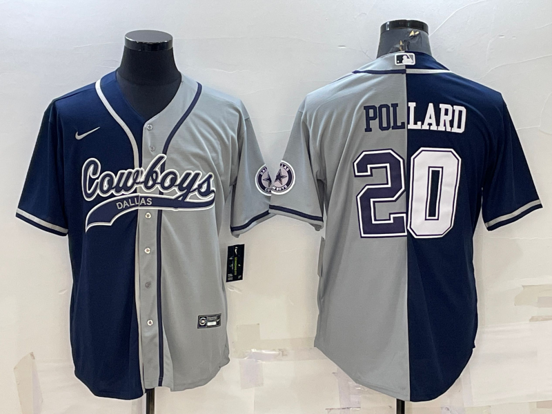Men's Dallas Cowboys #20 Tony Pollard Navy/Grey Split With Patch Cool Base Stitched Baseball Jersey Men's Dallas Cowboys #20 Tony Pollard Navy/Grey Split With Patch Cool Base Stitched Baseball Jersey
