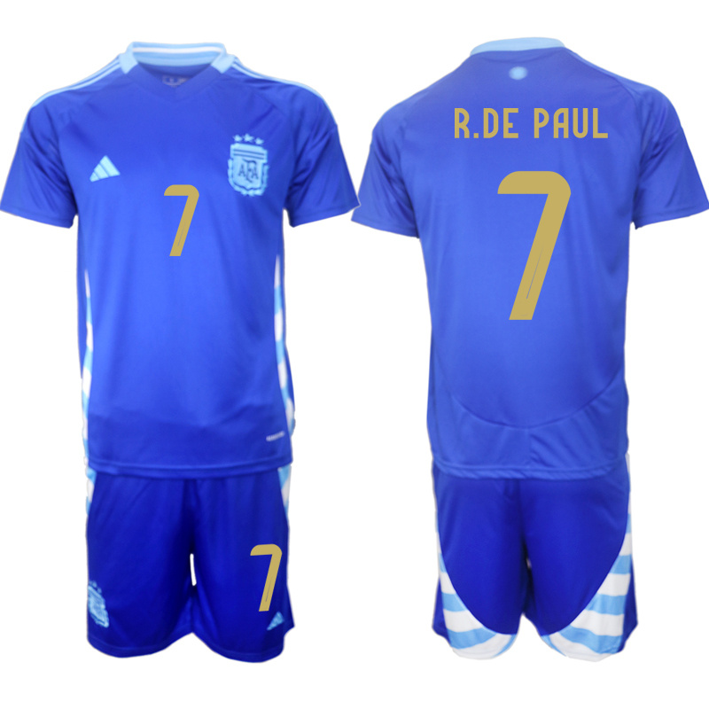 Men's Argentina #7 Rodrigo Javier De Paul Blue 2024-25 Away SoccerJersey Suit