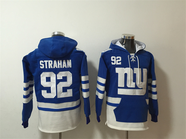 Men's New York Giants #92 Michael Strahan Blue/White Lace-Up Pullover Hoodie