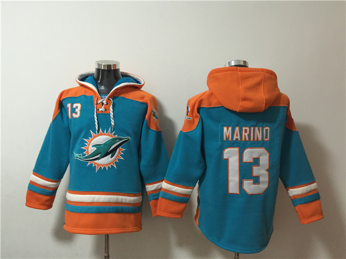 Men's Miami Dolphins #13 Dan Marino Aqua Ageless Must-Have Lace-Up Pullover Hoodie