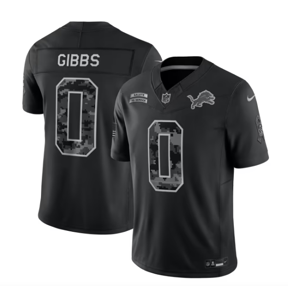 Men's Detroit Lions #0 Jahmyr Gibbs Black F.U.S.E. 2026 Salute to Service Limited Stitched Football Jersey Men's Detroit Lions #0 Jahmyr Gibbs Black F.U.S.E. 2026 Salute to Service Limited Stitched Football Jersey