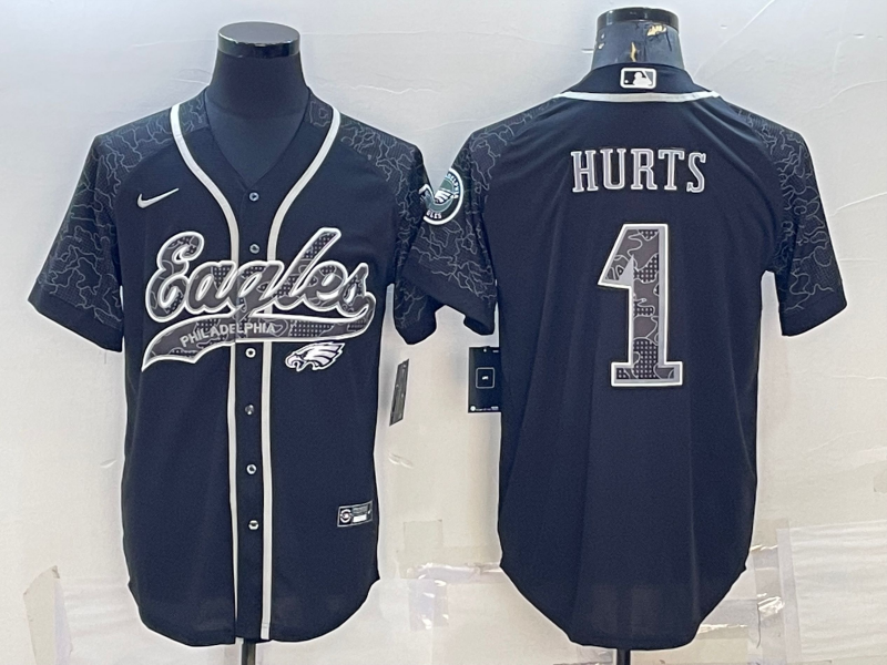 Men's Philadelphia Eagles #1 Jalen Hurts Black Reflective With Patch Cool Base Stitched Baseball Jersey Men's Philadelphia Eagles #1 Jalen Hurts Black Reflective With Patch Cool Base Stitched Baseball Jersey