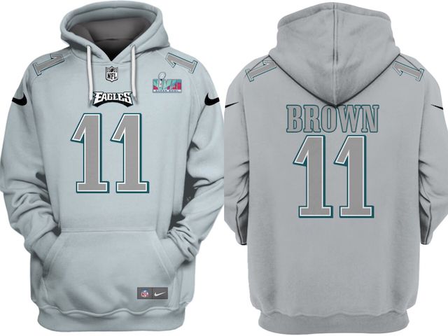 Men's Philadelphia Eagles #11 A.J. Brown Grey Atmosphere Fashion Super Bowl LVII Patch Pullover Hoodie