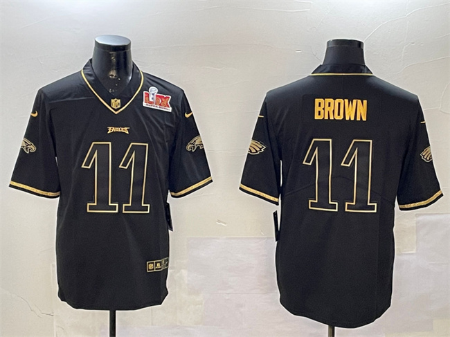 Men's Philadelphia Eagles #11 A. J. Brown Black/Gold 2025 Super Bowl LIX Patch Salute To Service Vapor Untouchable Limited Stitc Men's Philadelphia Eagles #11 A. J. Brown Black/Gold 2025 Super Bowl LIX Patch Salute To Service Vapor Untouchable Limited Stitc