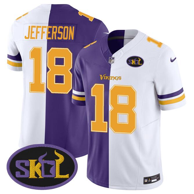 Men's Minnesota Vikings #18 Justin Jefferson Purple/White Split F.U.S.E SKOL Patch Stitched Jersey