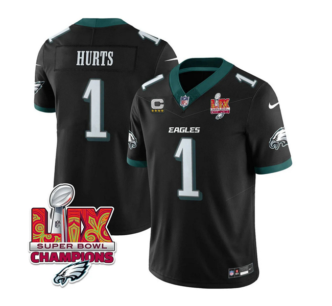 Men's Philadelphia Eagles #1 Jalen Hurts Black 2025 Eagles Logo Super Bowl LIX Patch And 4-Star C Patch New F.U.S.E. Vapor Untouchable Limited Stitched Football Jersey