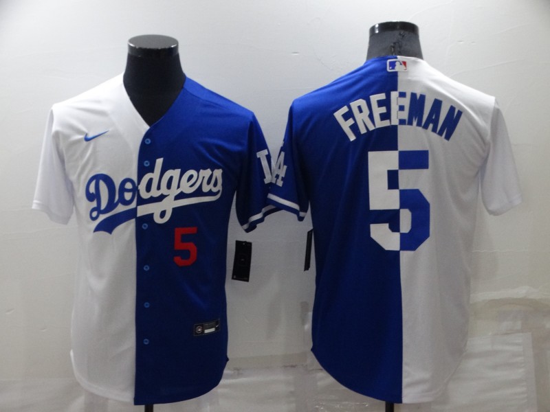 Men's Los Angeles Dodgers #5 Freddie Freeman White/Blue Split Cool Base Stitched Baseball Jersey