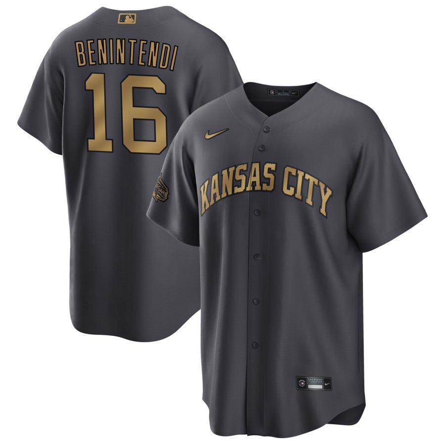 Men's Kansas City Royals #16 Andrew Benintendi 2022 All-Star Charcoal Cool Base Stitched Baseball Jersey
