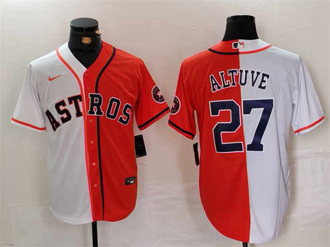 Men's Houston Astros #27 Jose Altuve White/Orange Split With Patch Cool Base Stitched Baseball Jersey