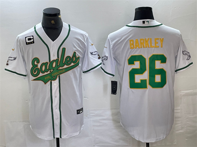 Men's Philadelphia Eagles #26 Saquon Barkley White/Gold With 3-star C Patch Cool Base Stitched Baseball Jersey