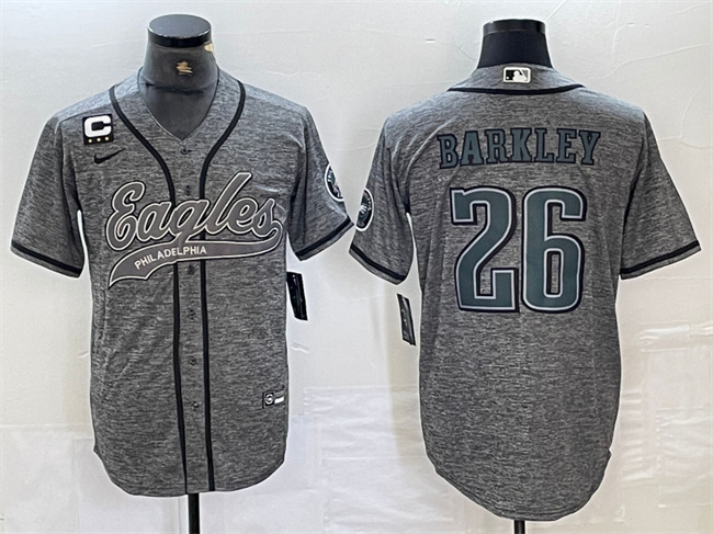 Men's Philadelphia Eagles #26 Saquon Barkley Grey With 3-star C Patch Cool Base Stitched Baseball Jersey