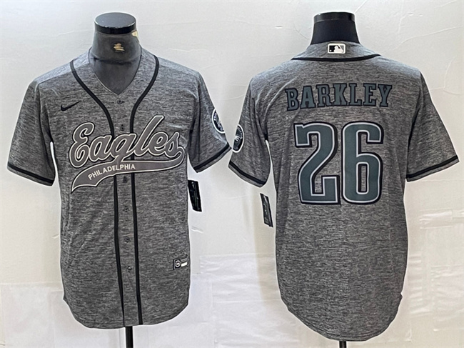 Men's Philadelphia Eagles #26 Saquon Barkley Grey Cool Base Stitched Baseball Jersey