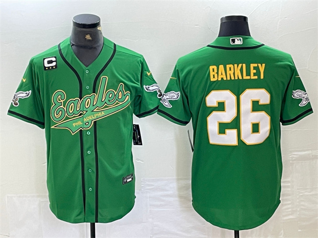 Men's Philadelphia Eagles #26 Saquon Barkley Green/Gold With 3-star C Patch Cool Base Stitched Baseball Jersey