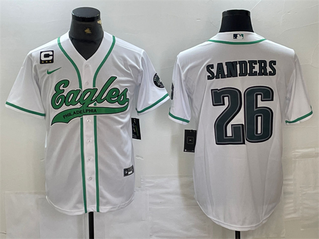 Men's Philadelphia Eagles #26 Saquon Barkley White With 3-star C Patch Cool Base Stitched Baseball Jersey