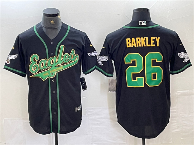 Men's Philadelphia Eagles #26 Saquon Barkley Black/Gold Cool Base Stitched Baseball Jersey