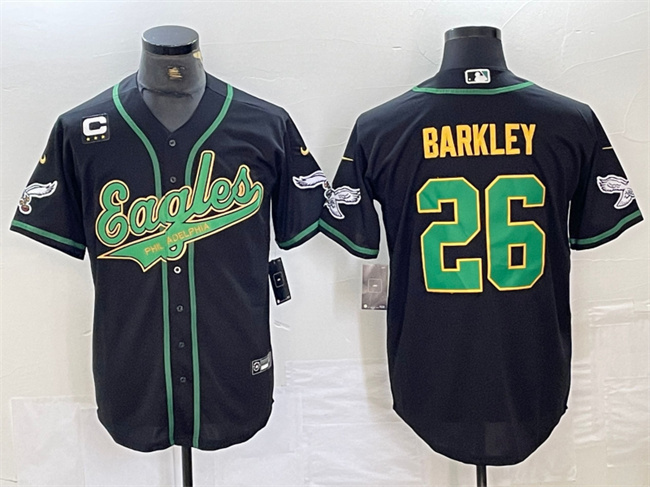Men's Philadelphia Eagles #26 Saquon Barkley Black/Gold With 3-star C Patch Cool Base Stitched Baseball Jersey