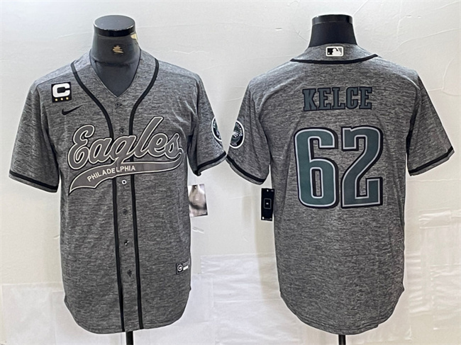 Men's Philadelphia Eagles #62 Jason Kelce Grey With 3-star C Patch Cool Base Stitched Baseball Jersey