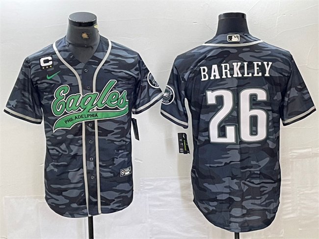 Men's Philadelphia Eagles #26 Saquon Barkley Grey Camo With 3-star C Patch Cool Base Stitched Baseball Jersey