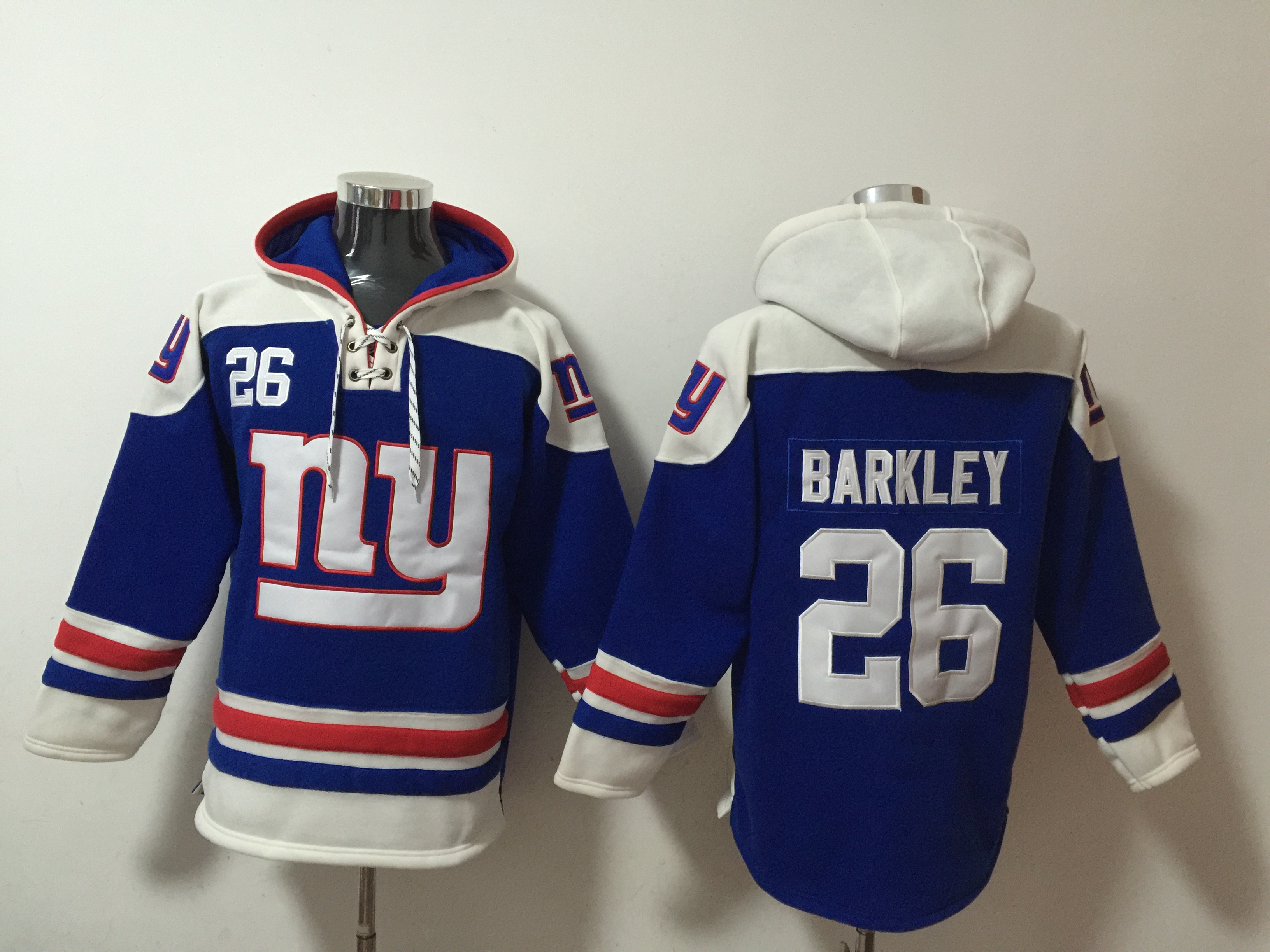 Men's New York Giants #26 Saquon Barkley Blue Lace-Up Pullover Hoodie
