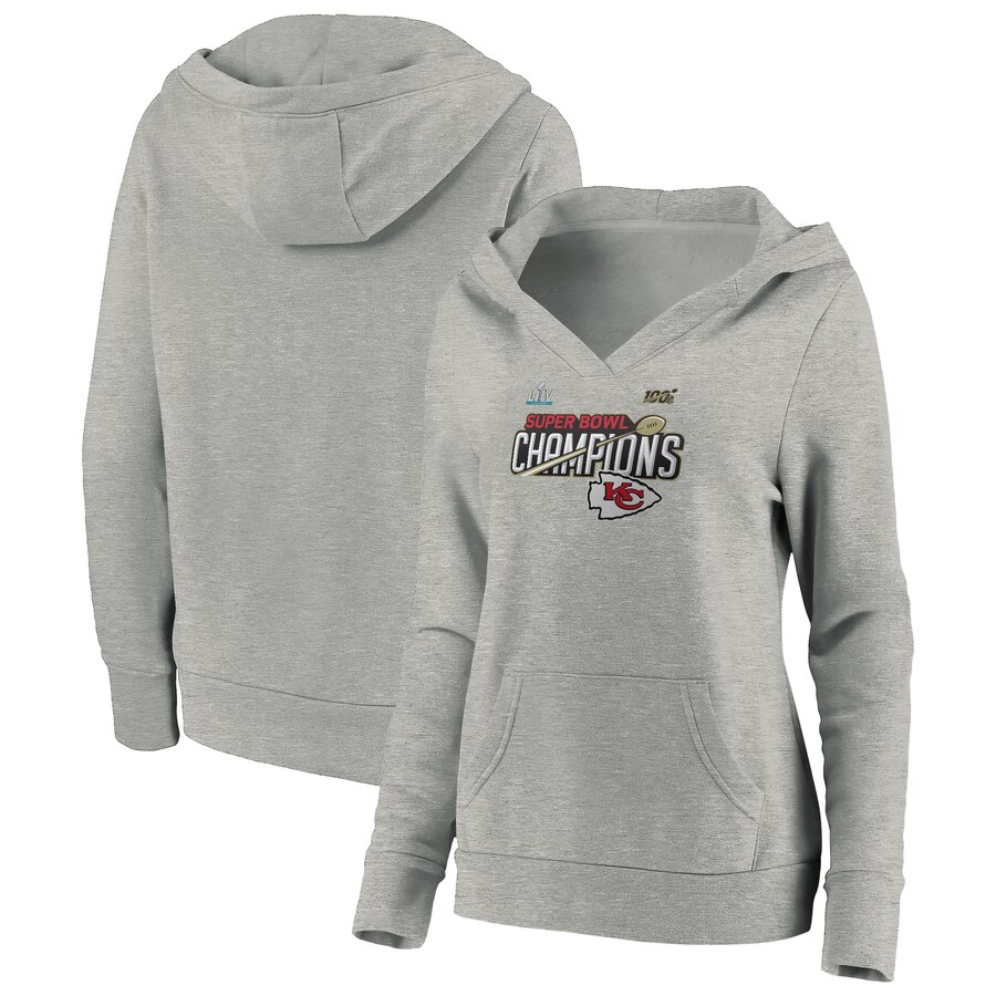 Women's Kansas City Chiefs Heathered Gray Super Bowl LIV Champions Trophy Collection Locker Room Pullover Hoodie(Run Small)