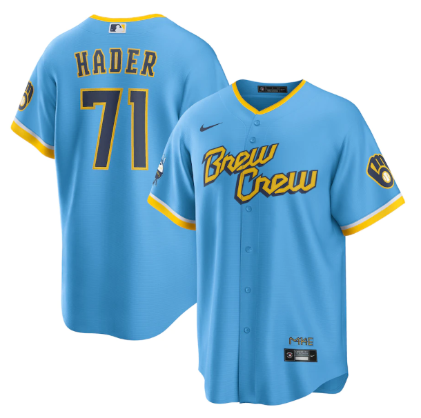 Men's Milwaukee Brewers #71 Josh Hader 2022 Powder Blue City Connect Cool Base Stitched Jersey