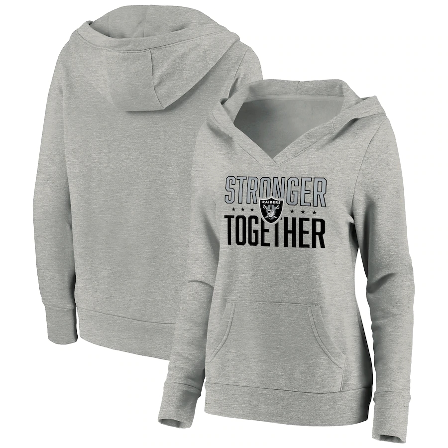 Women's Las Vegas Raiders Heather Gray Stronger Together Crossover Neck Pullover Hoodie(Run Small)