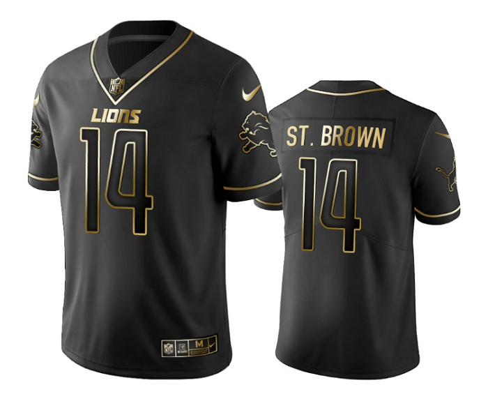 Men's Detroit Lions #14 Amon-Ra St. Brown Black Gold Edition Stitched Jersey