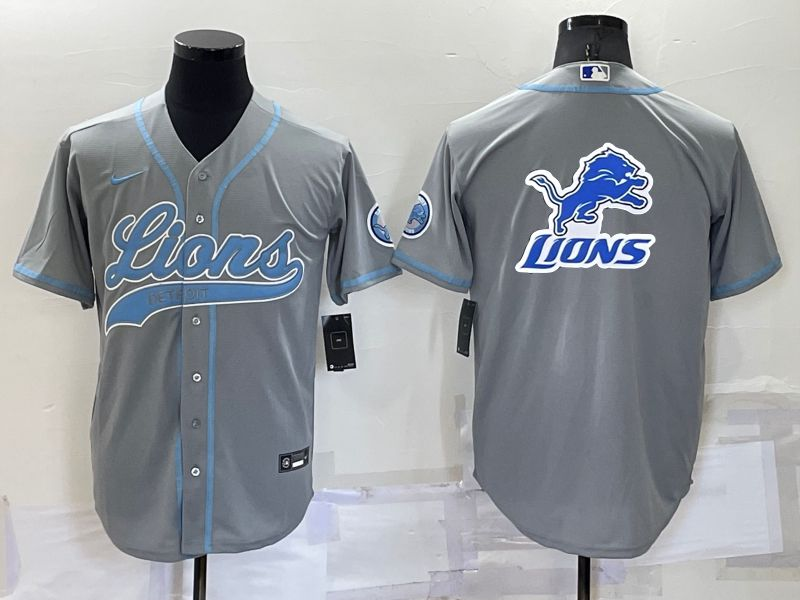 Men's Detroit Lions Gray Team Big Logo With Patch Cool Base Stitched Baseball Jersey