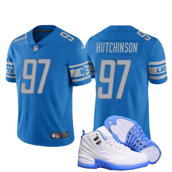 Men's Detroit Lions #97 Aidan Hutchinson Blue Stitched Jersey + AJ 12 Shoes