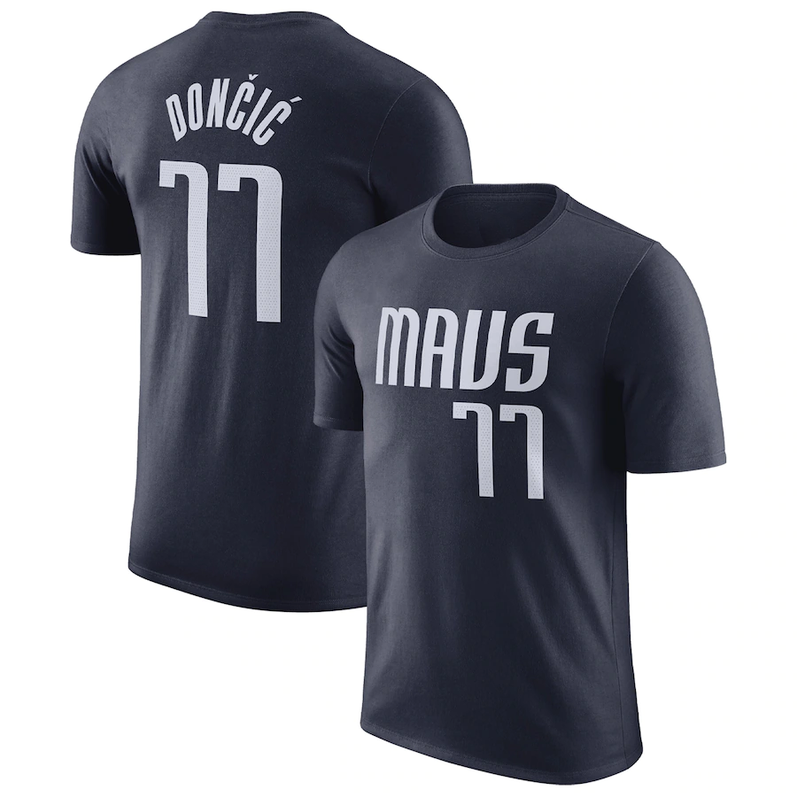 Men's Dallas Mavericks #77 Luka Doncic Navy 2022/23 Statement Edition Name & Number T-Shirt