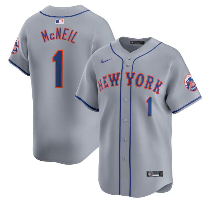 Men's New York Mets #1 Jeff McNeil Grey 2024 Away Limited Stitched Baseball Jersey