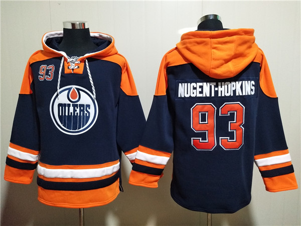 Men's Edmonton Oilers #93 Ryan Nugent-Hopkins Navy Lace-Up Pullover Hoodie