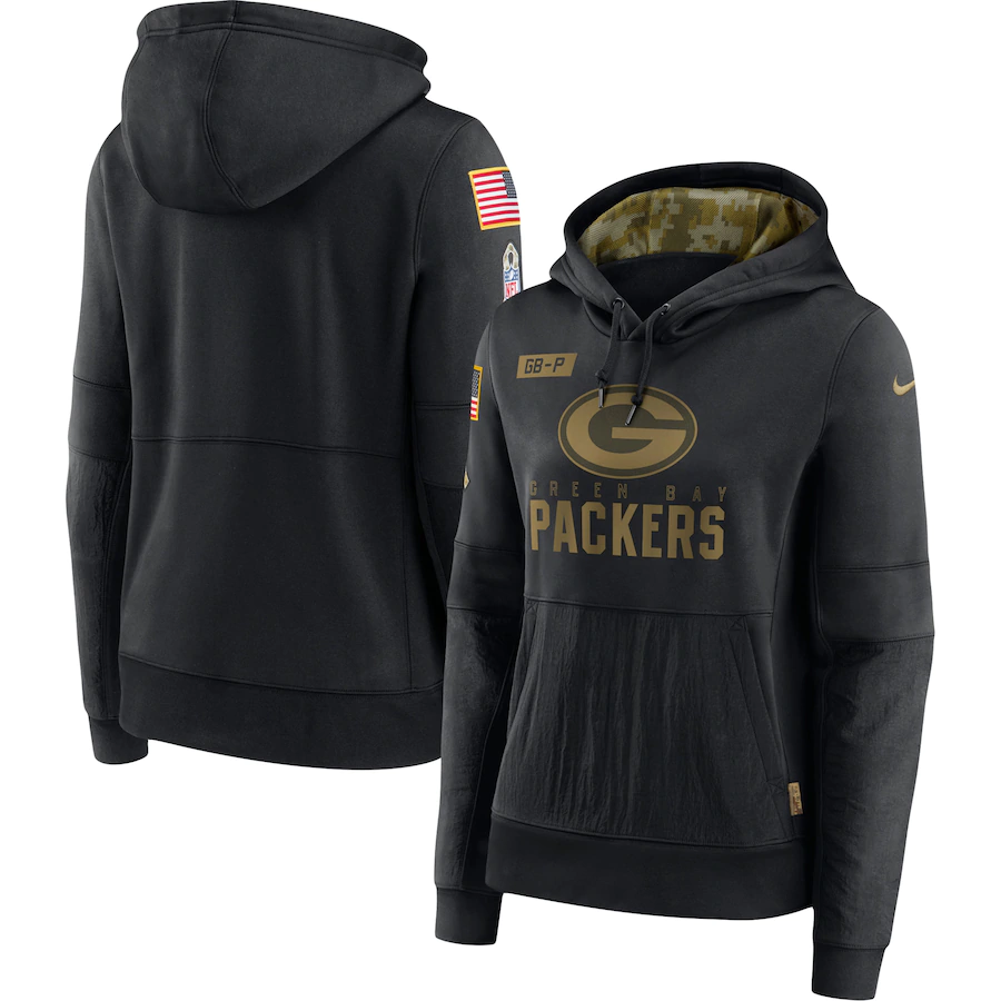 Women's Green Bay Packers 2020 Black Salute To Service Sideline Performance Pullover Hoodie (Run Small)