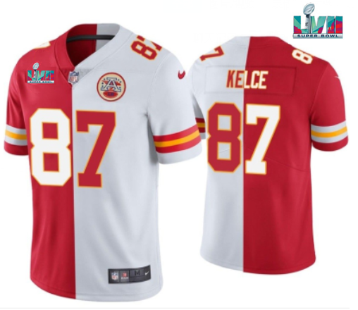 Men's Kansas City Chiefs #87 Travis Kelce Red & White Split Super Bowl LVII Patch Limited Stitched Jersey