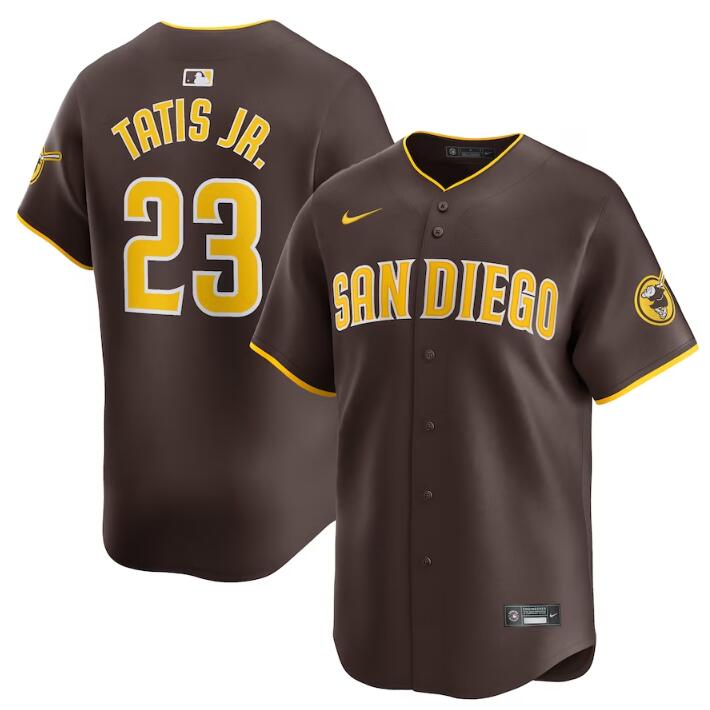 Men's San Diego Padres #23 Fernando Tatis Jr. Brown 2024 Away Limited Stitched Baseball Jersey