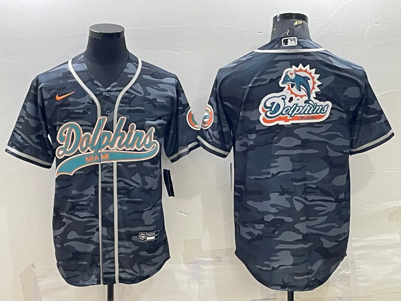 Men's Miami Dolphins Grey Camo Team Big Logo With Patch Cool Base Stitched Baseball Jersey