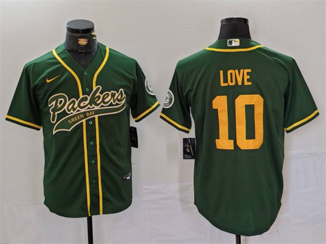 Men's Green Bay Packers #10 Jordan Love Green Cool Base Stitched Baseball Jersey