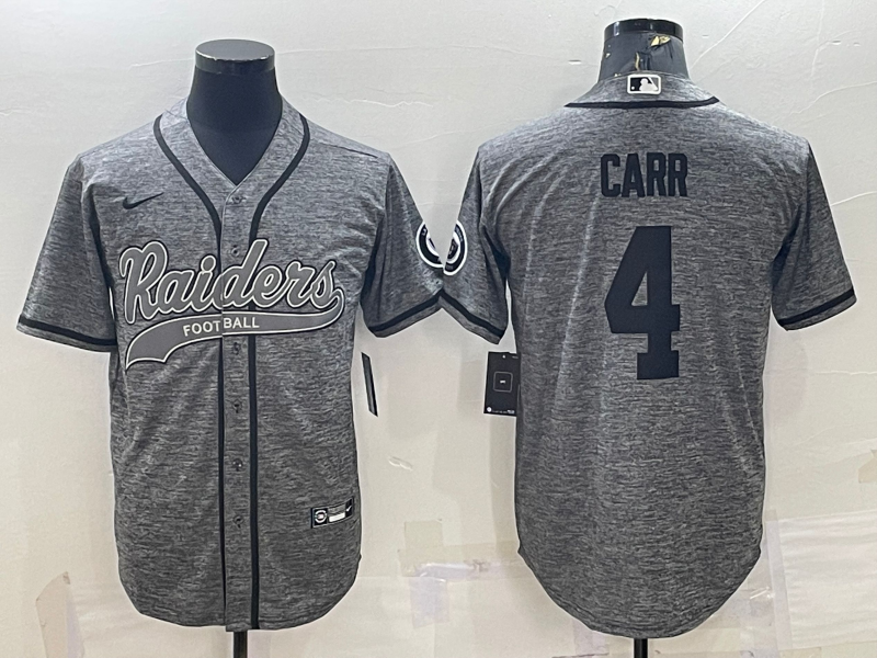 Men's Las Vegas Raiders #4 Derek Carr Grey With Patch Cool Base Stitched Baseball Jersey