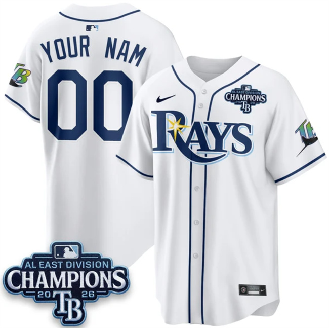 Men's Tampa Bay Rays ACTIVE PLAYER Custom White 2026 AL East Champions Patch Limited Stitched Baseball Jersey Men's Tampa Bay Rays ACTIVE PLAYER Custom White 2026 AL East Champions Patch Limited Stitched Baseball Jersey