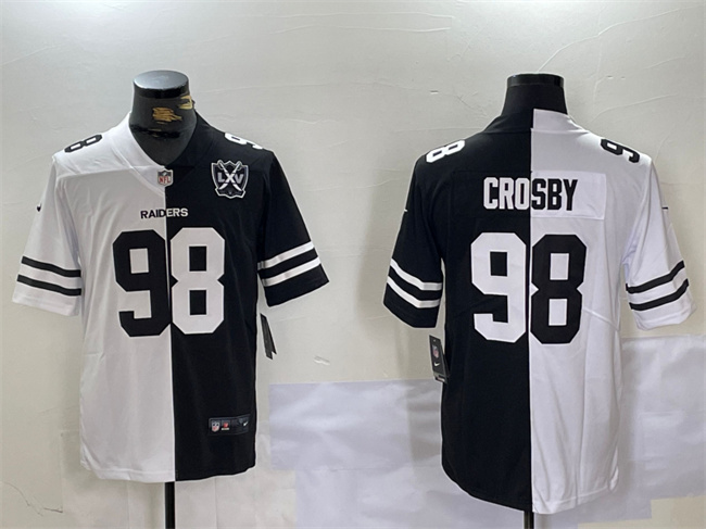 Men's Las Vegas Raiders #98 Maxx Crosby Black & White Split With 65th Anniversary Patch Vapor Limited Stitched Jersey Men's Las Vegas Raiders #98 Maxx Crosby Black & White Split With 65th Anniversary Patch Vapor Limited Stitched Jersey