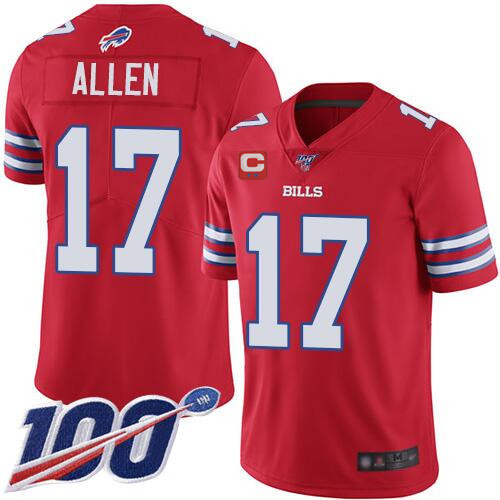 Men's Buffalo Bills #17 Josh Allen 100th Season Red With C Patch Vapor Untouchable Limited Stitched Jersey